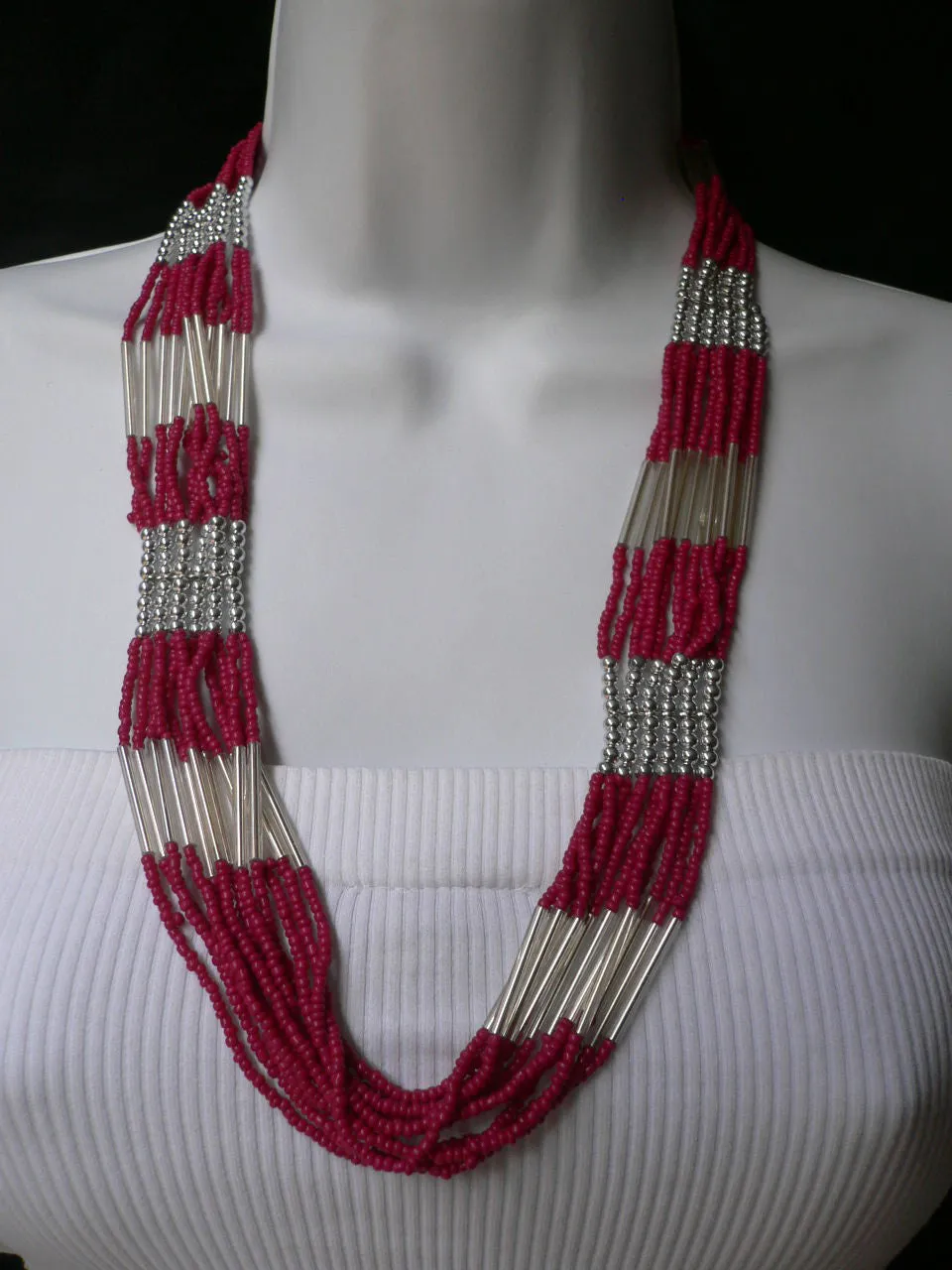 Silver Metal Red Silver Beads Chic 12" Drop Necklace African Style