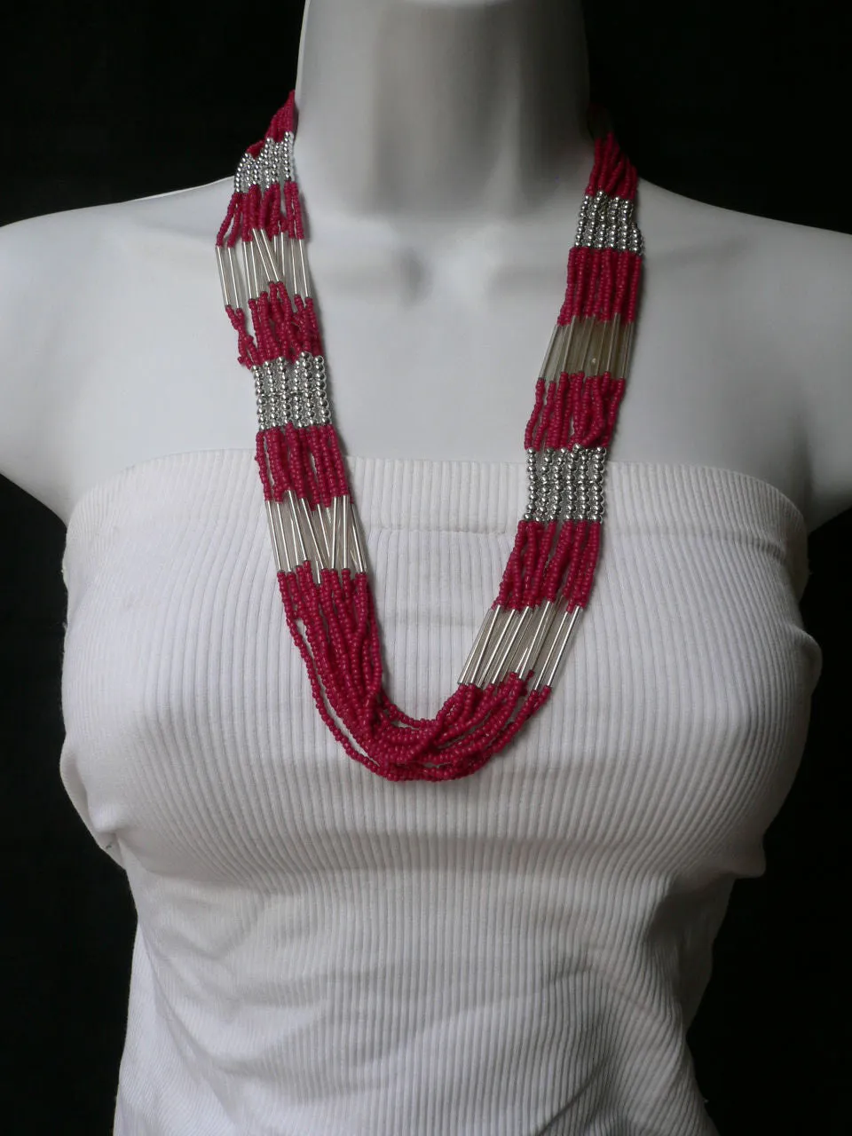 Silver Metal Red Silver Beads Chic 12" Drop Necklace African Style