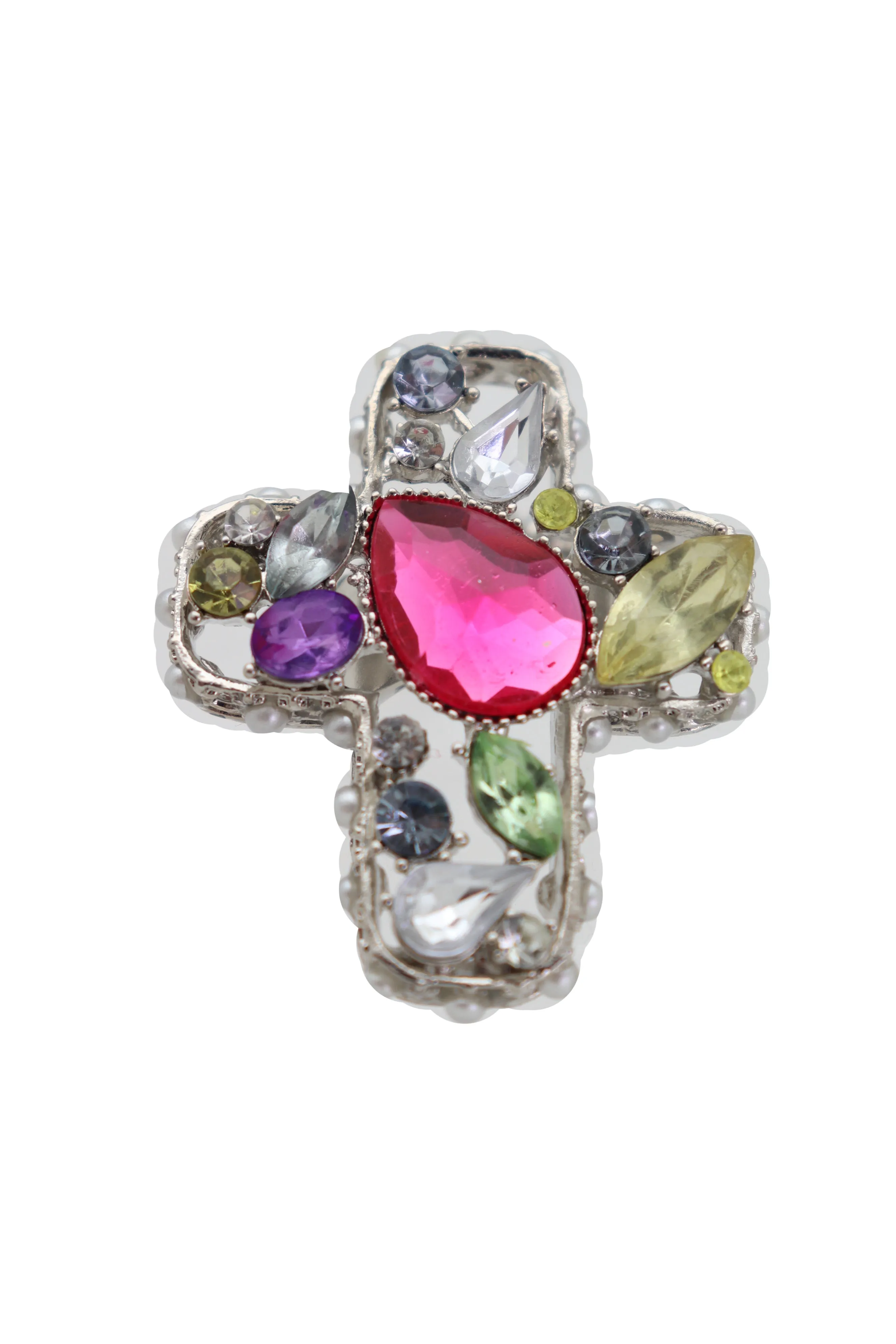 Silver Metal Ring Elastic Band Cross Bling Beads Religious