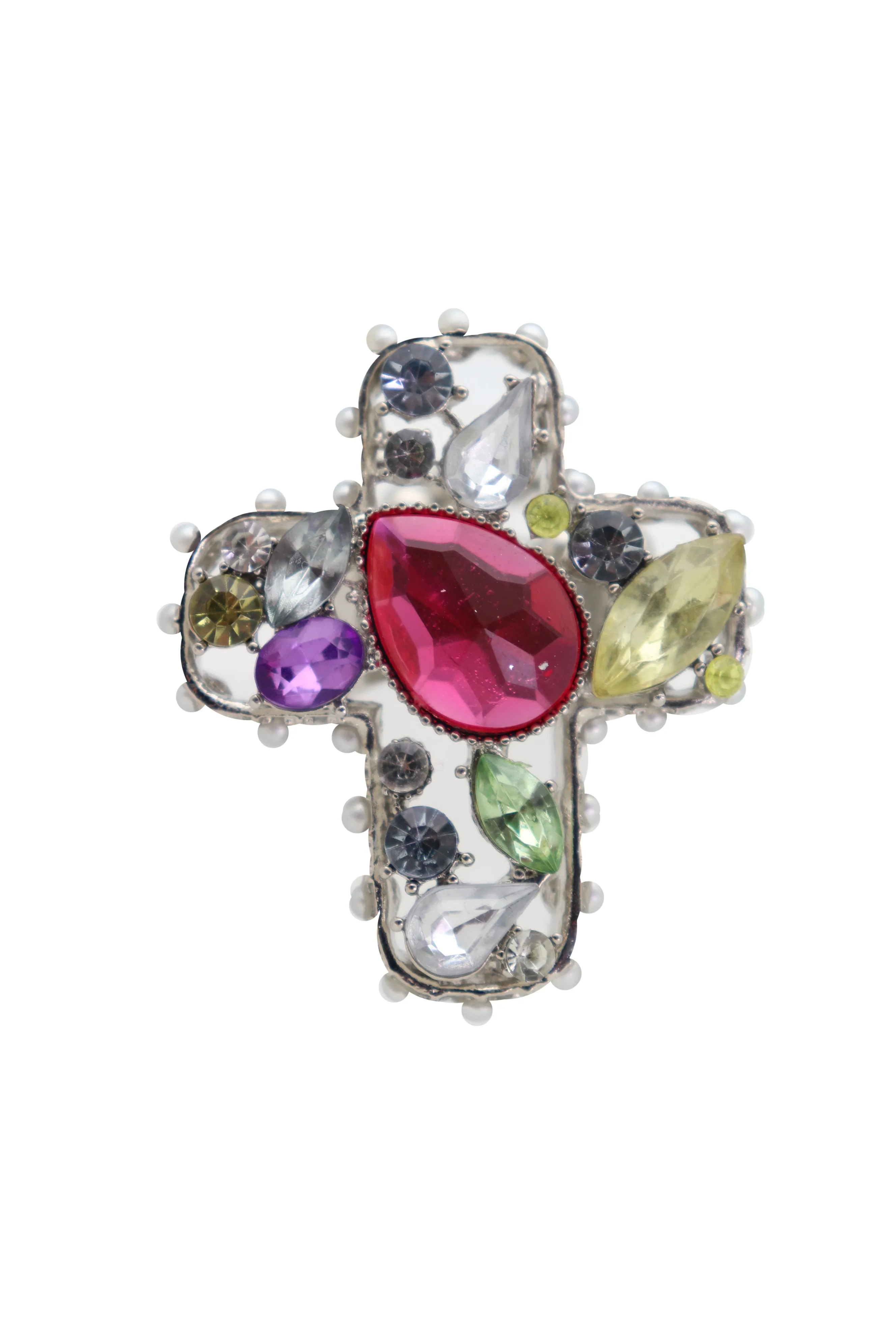 Silver Metal Ring Elastic Band Cross Bling Beads Religious