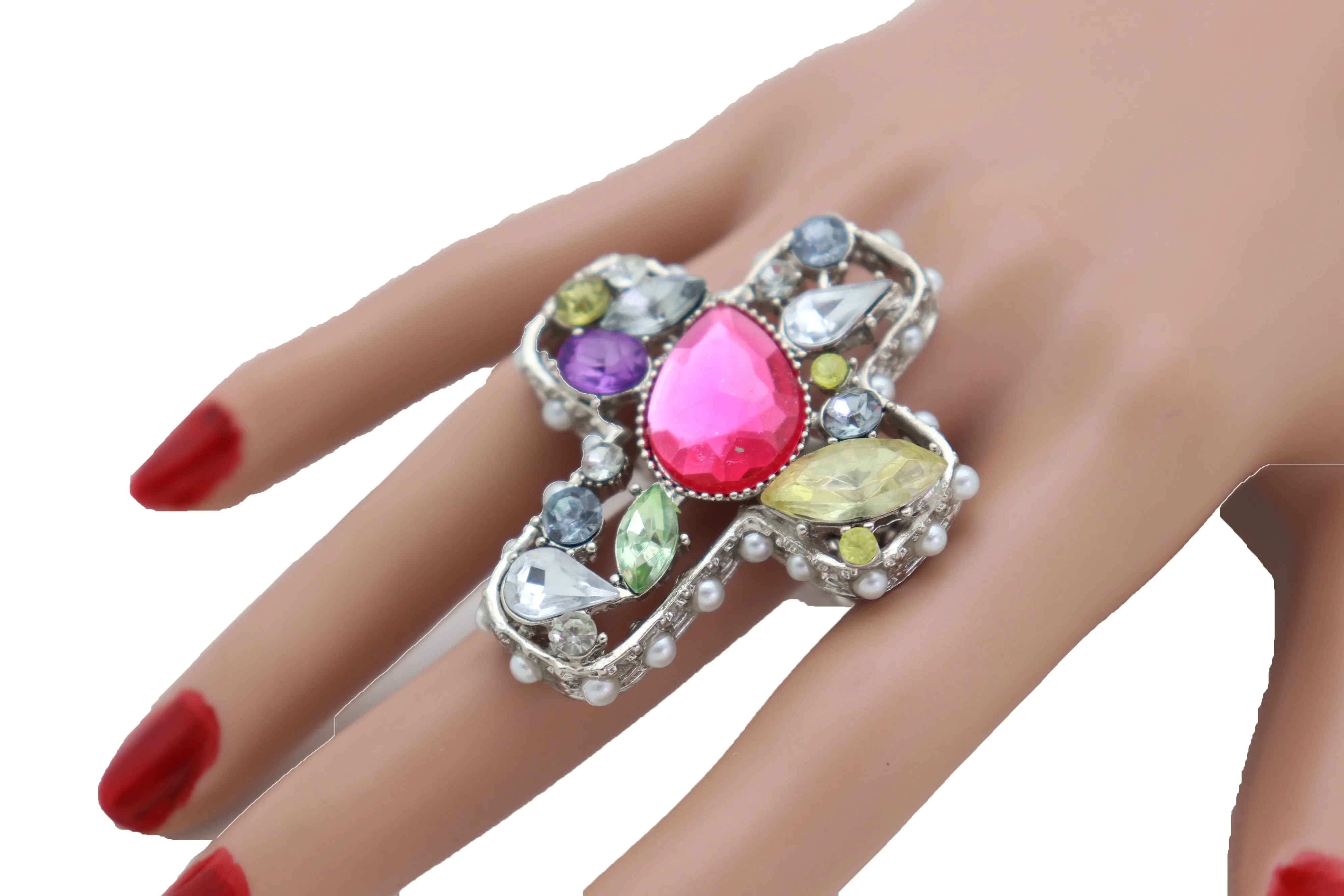 Silver Metal Ring Elastic Band Cross Bling Beads Religious