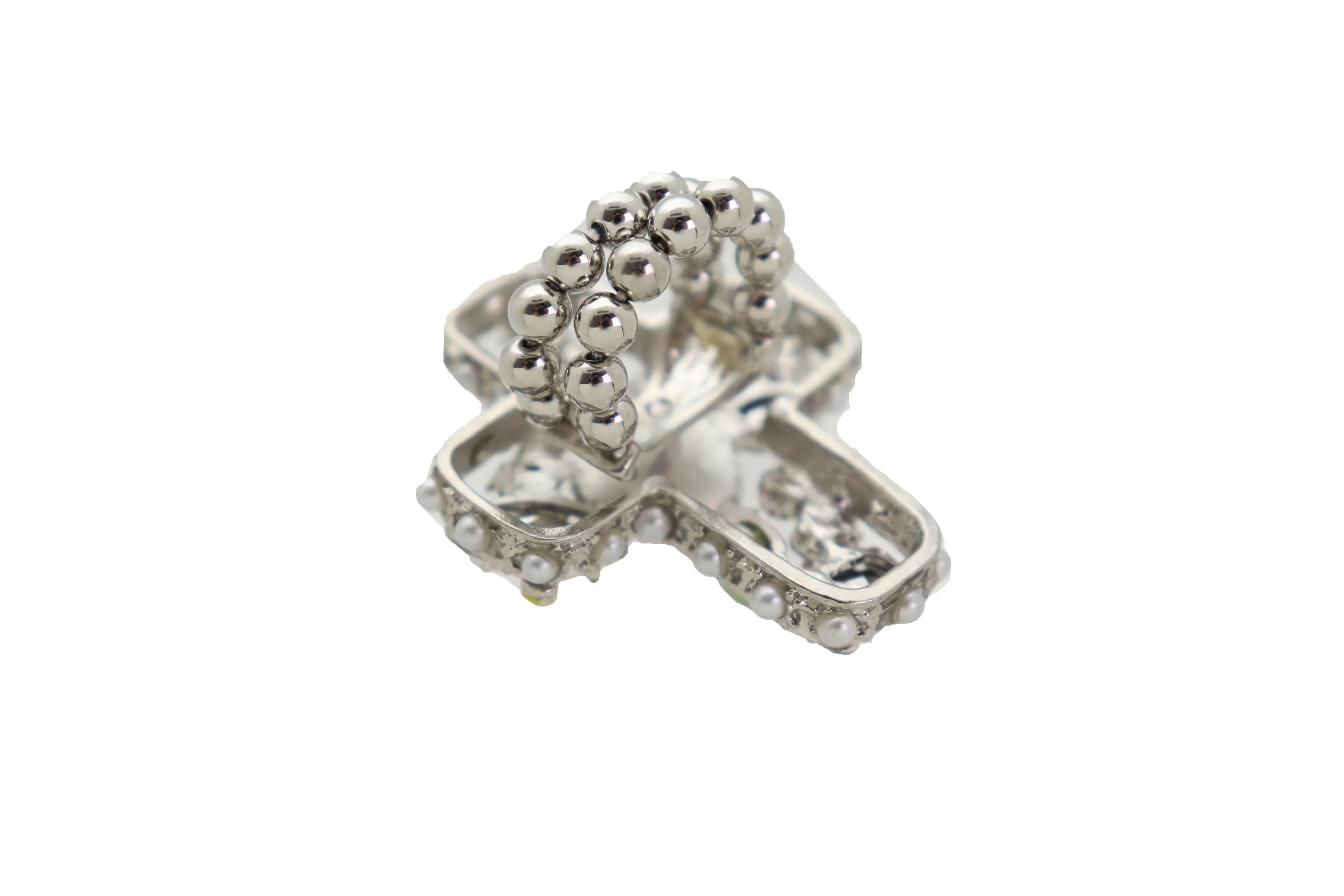 Silver Metal Ring Elastic Band Cross Bling Beads Religious