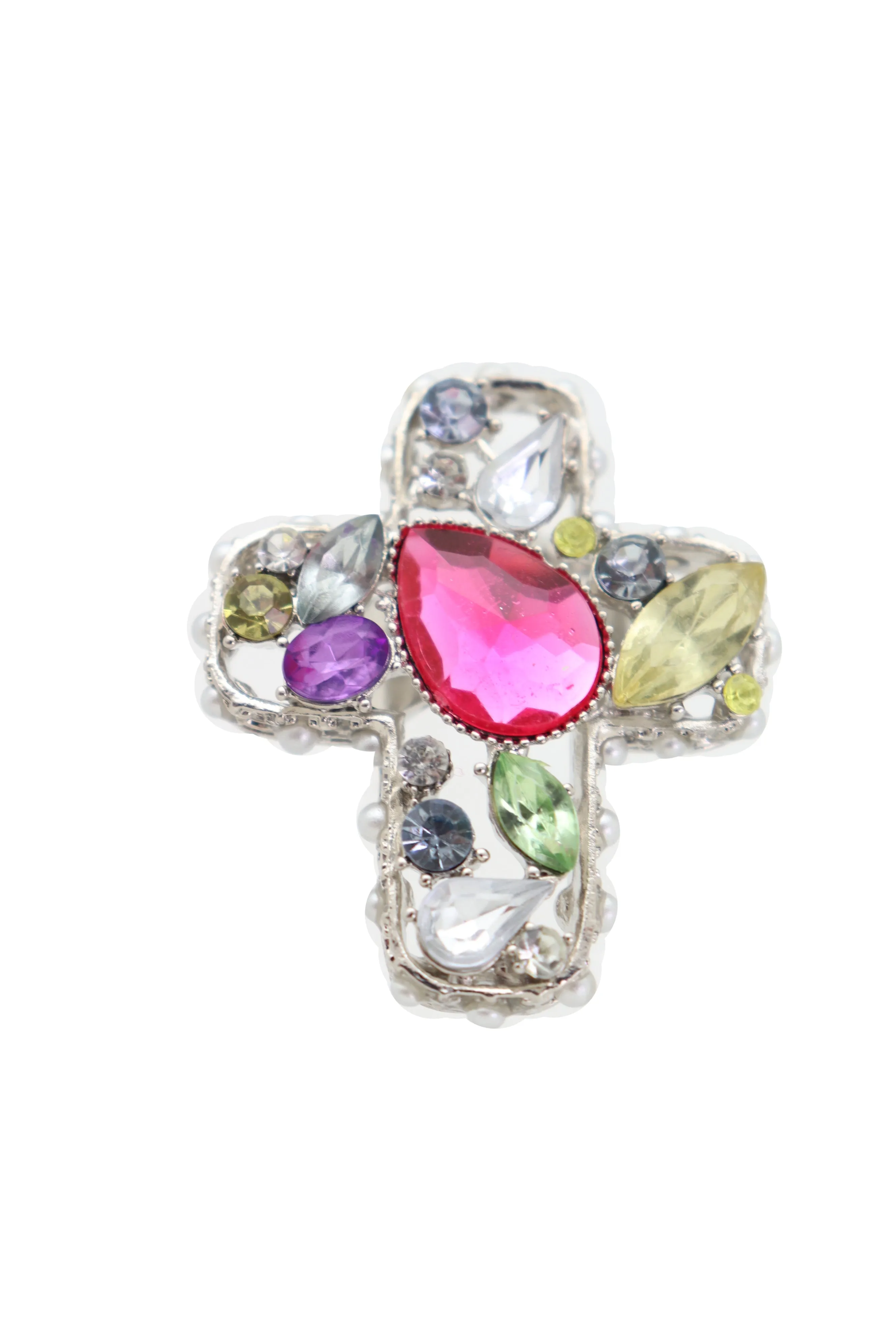 Silver Metal Ring Elastic Band Cross Bling Beads Religious
