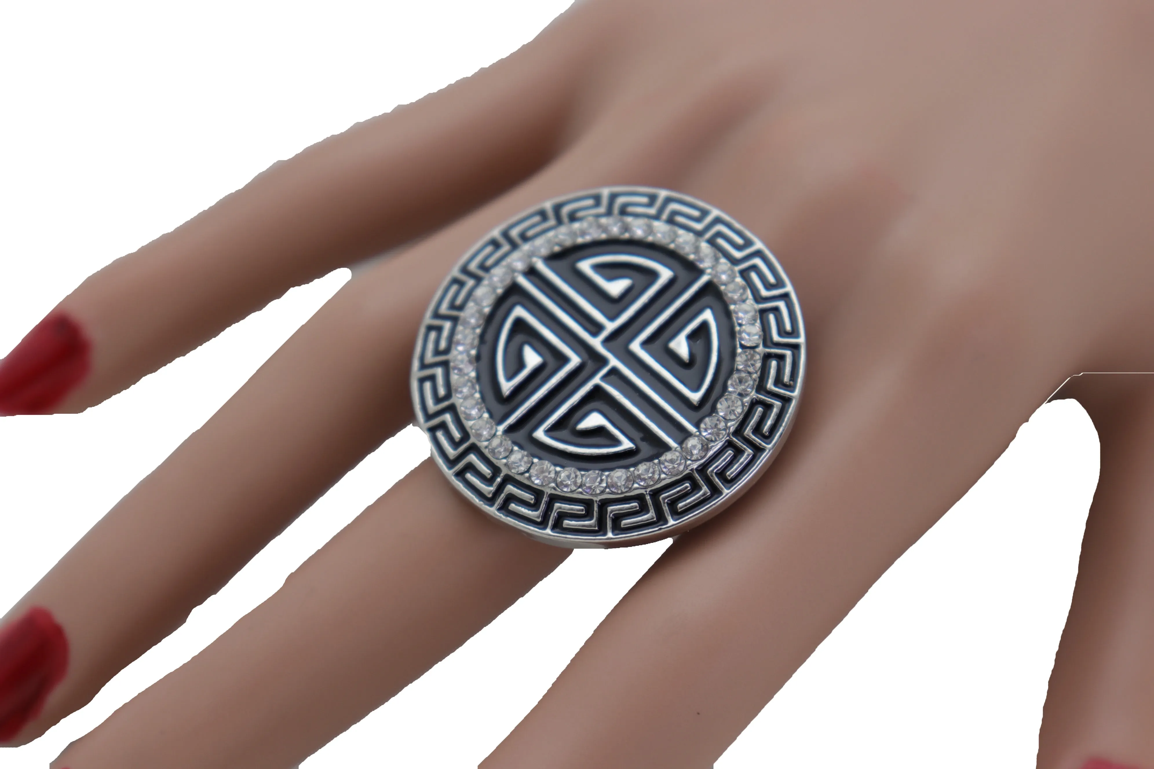 Silver Metal Round Ring Fashion Elastic Band Designer Greek Style Jewelry
