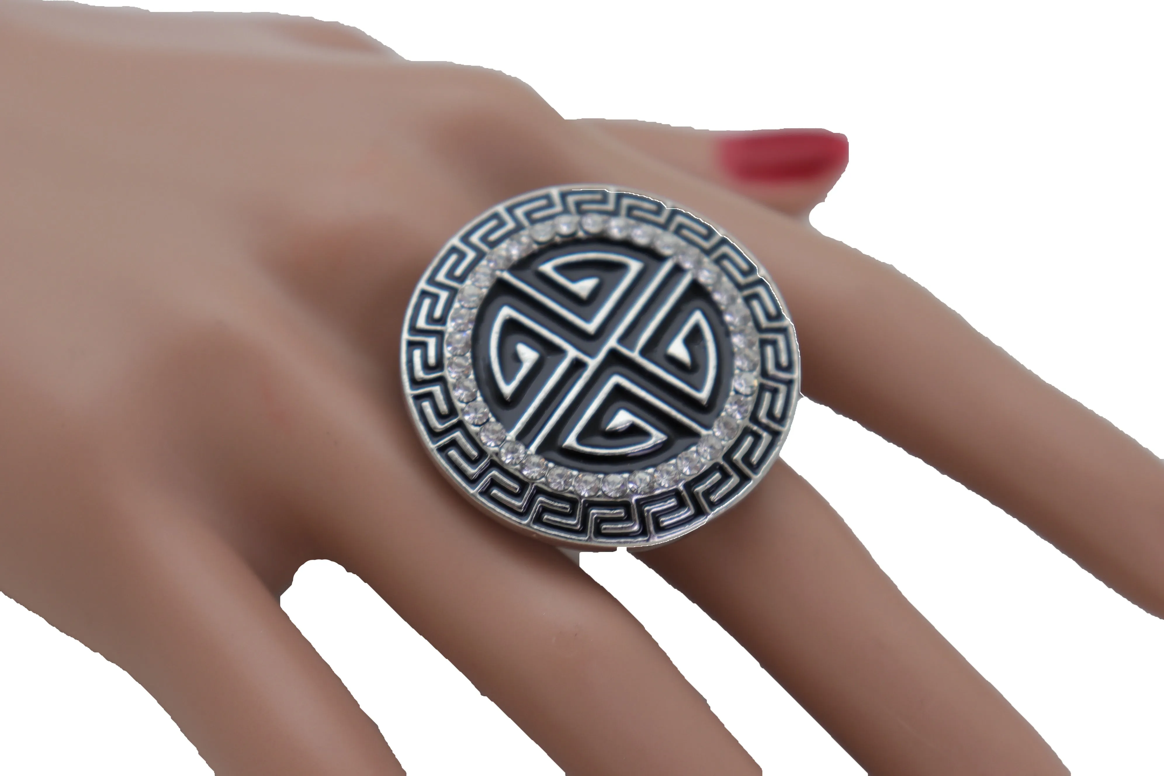 Silver Metal Round Ring Fashion Elastic Band Designer Greek Style Jewelry