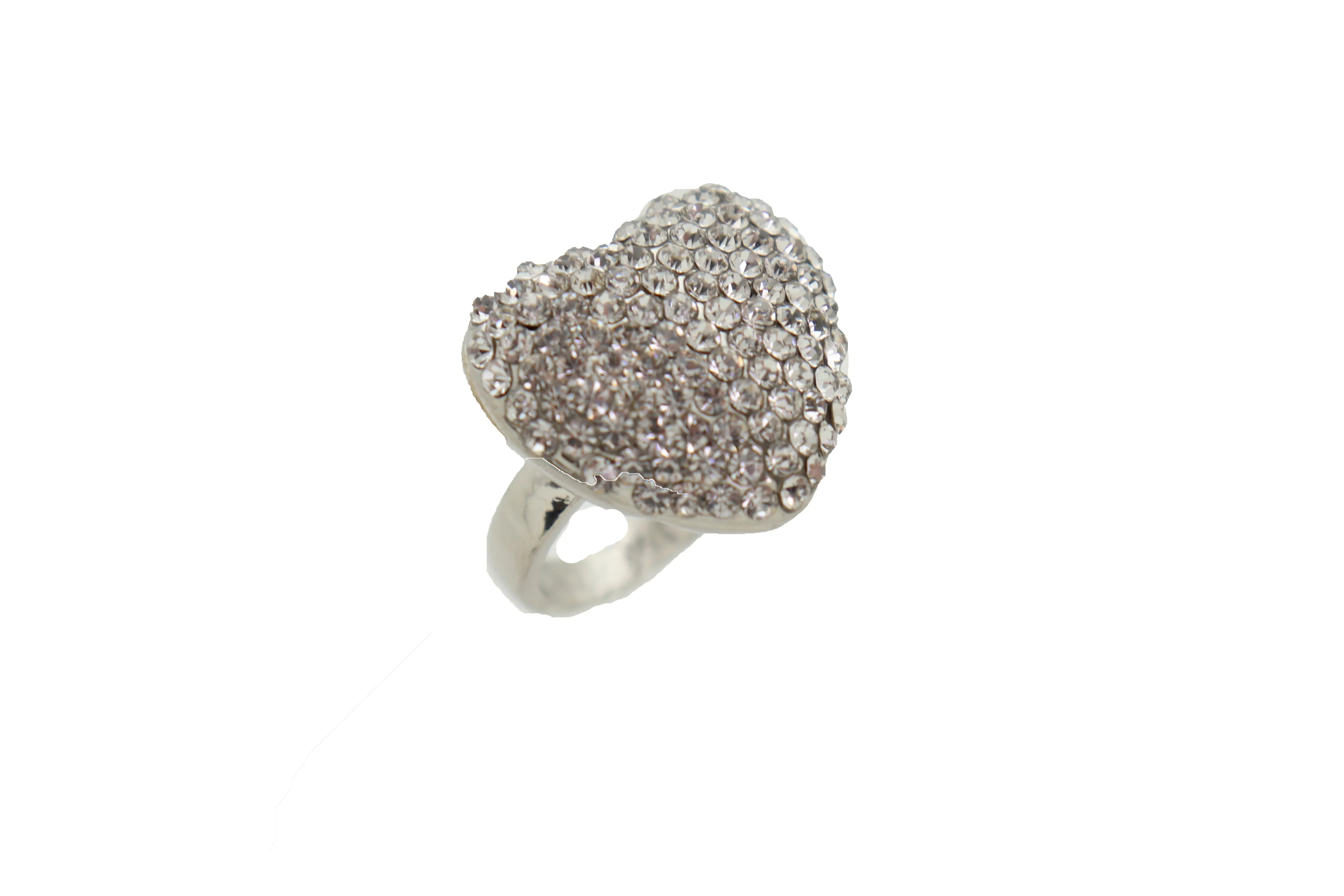 Silver Rhinestone Covered Heart Shaped Ring Size 7.5