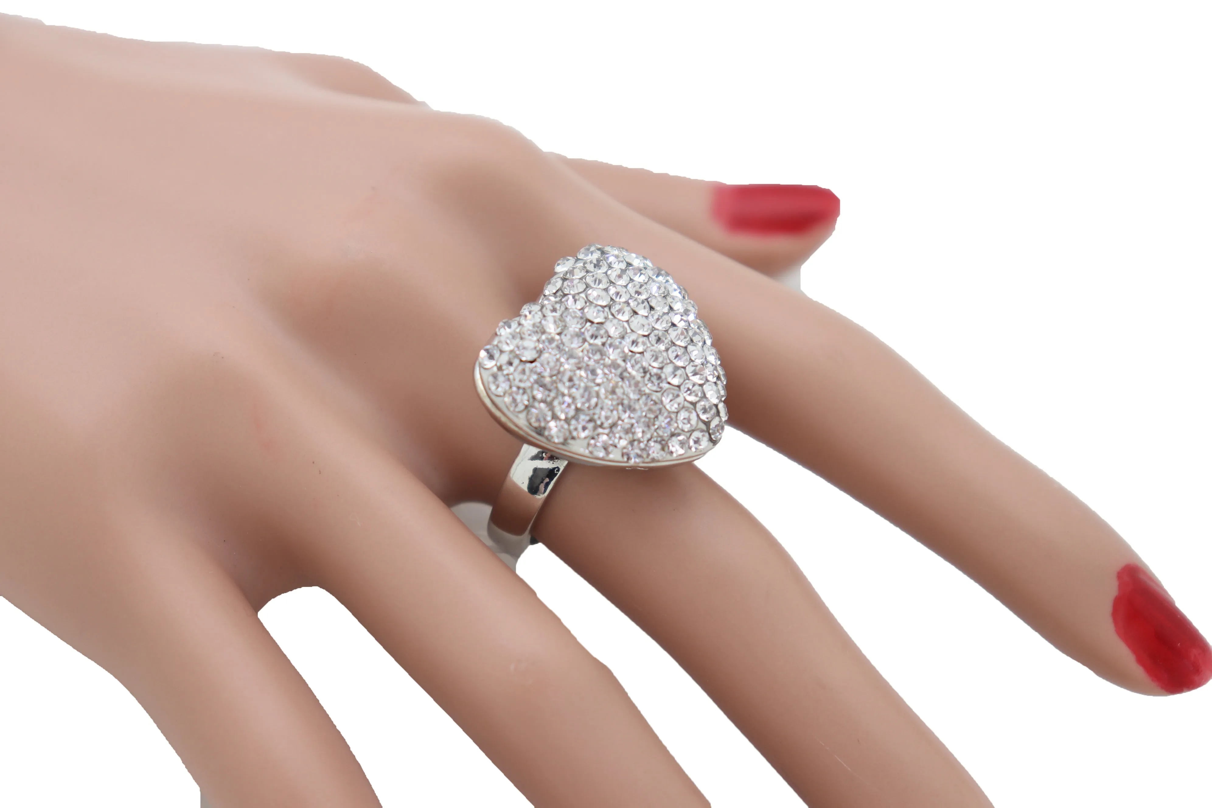 Silver Rhinestone Covered Heart Shaped Ring Size 7.5