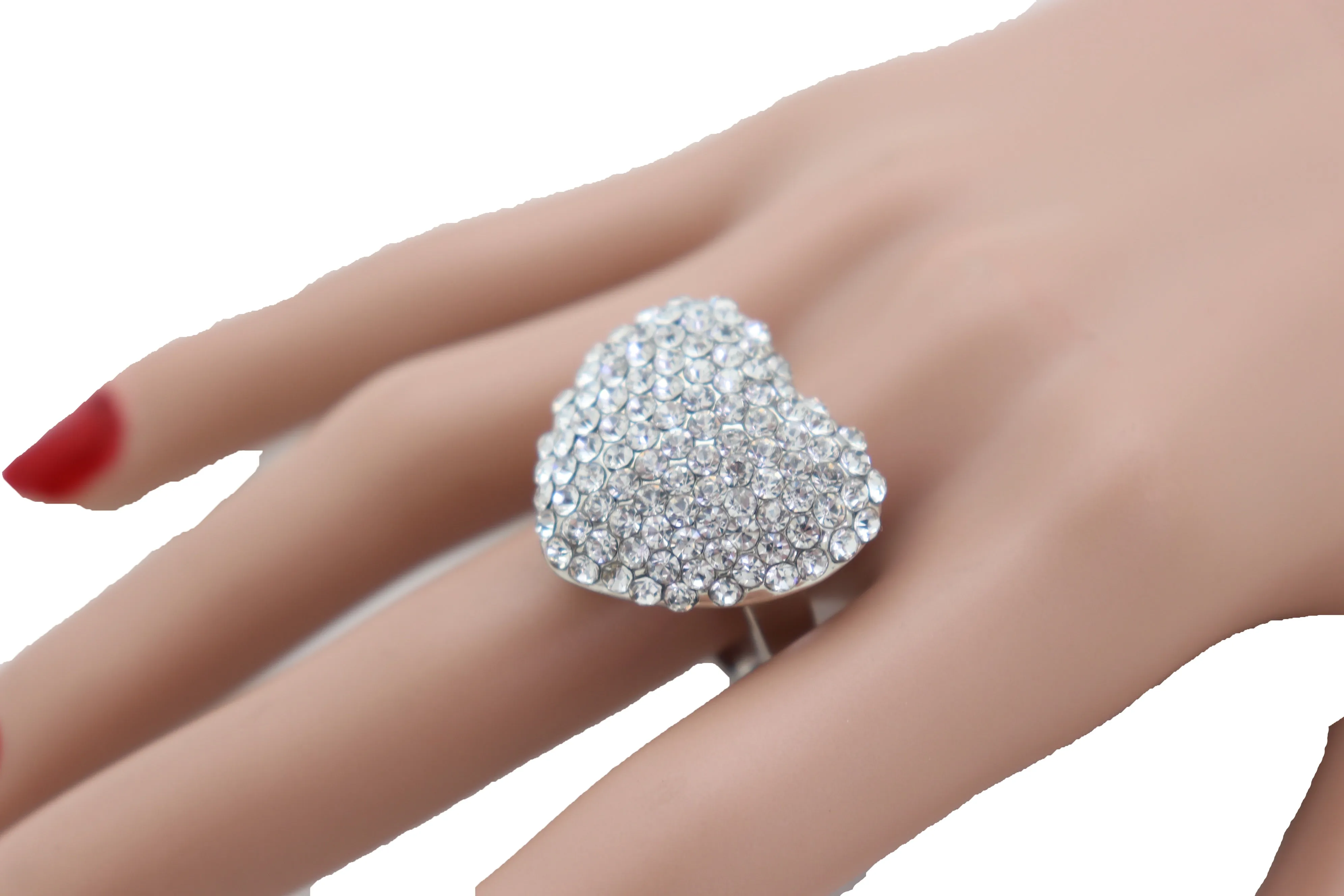 Silver Rhinestone Covered Heart Shaped Ring Size 7.5