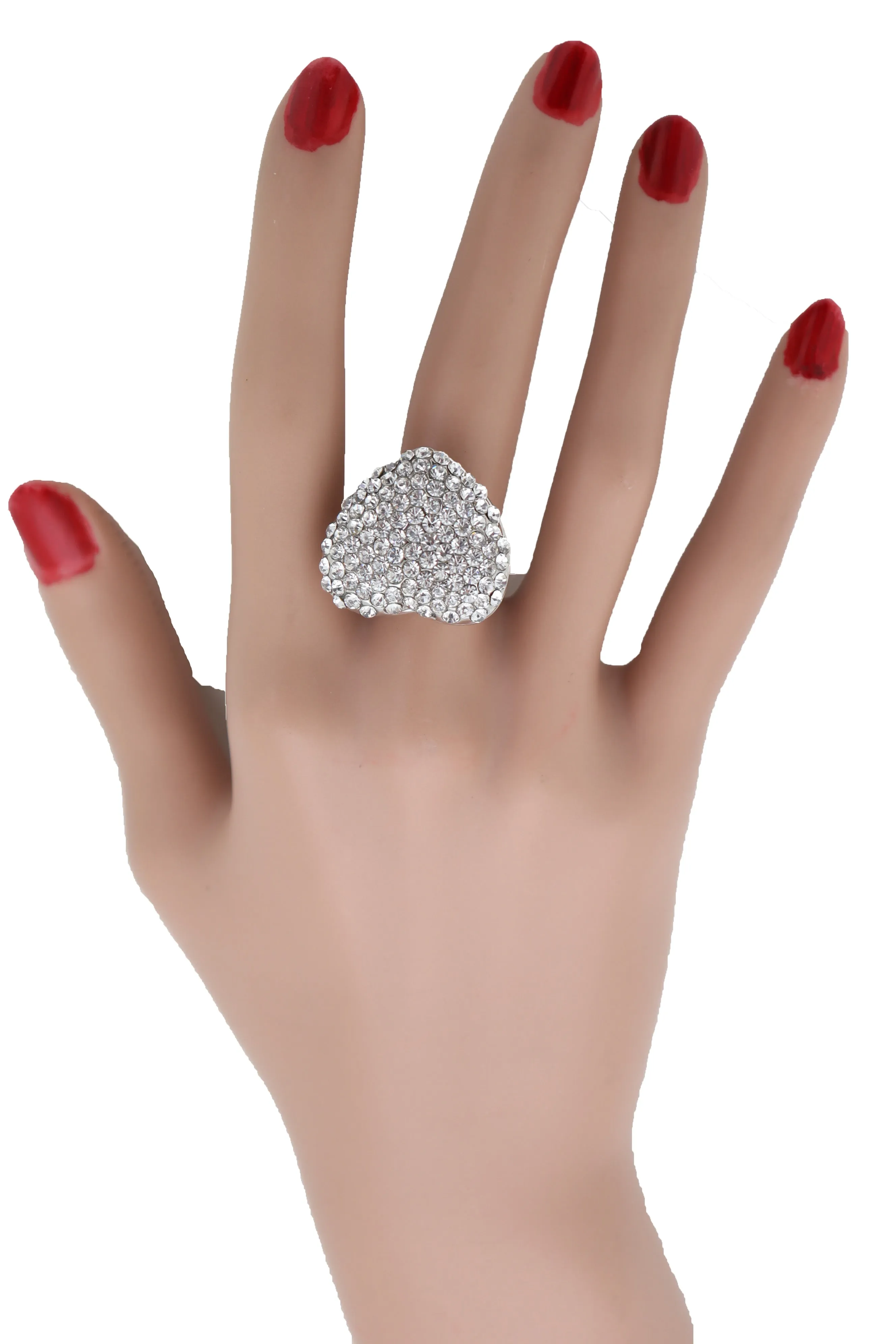 Silver Rhinestone Covered Heart Shaped Ring Size 7.5