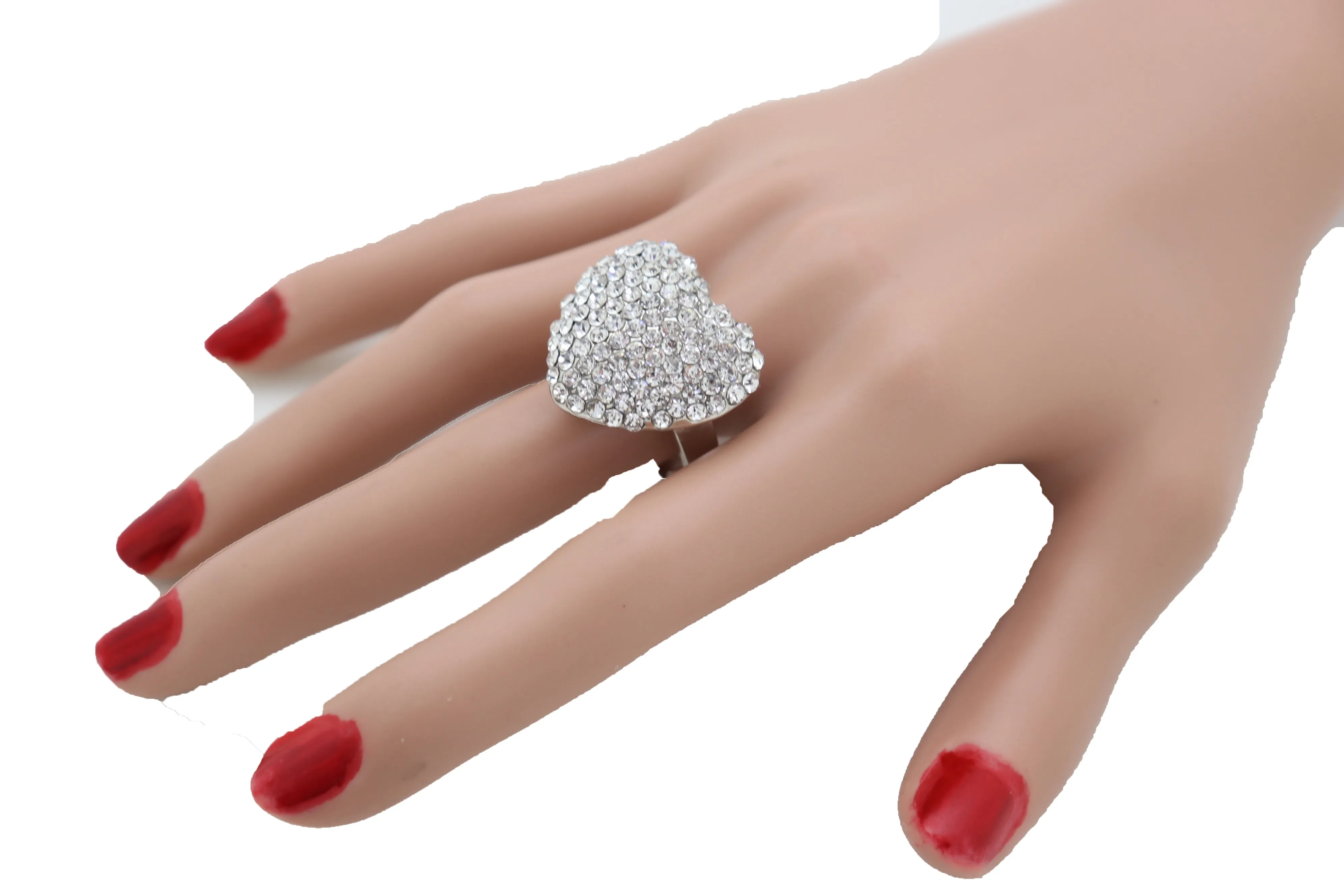 Silver Rhinestone Covered Heart Shaped Ring Size 7.5