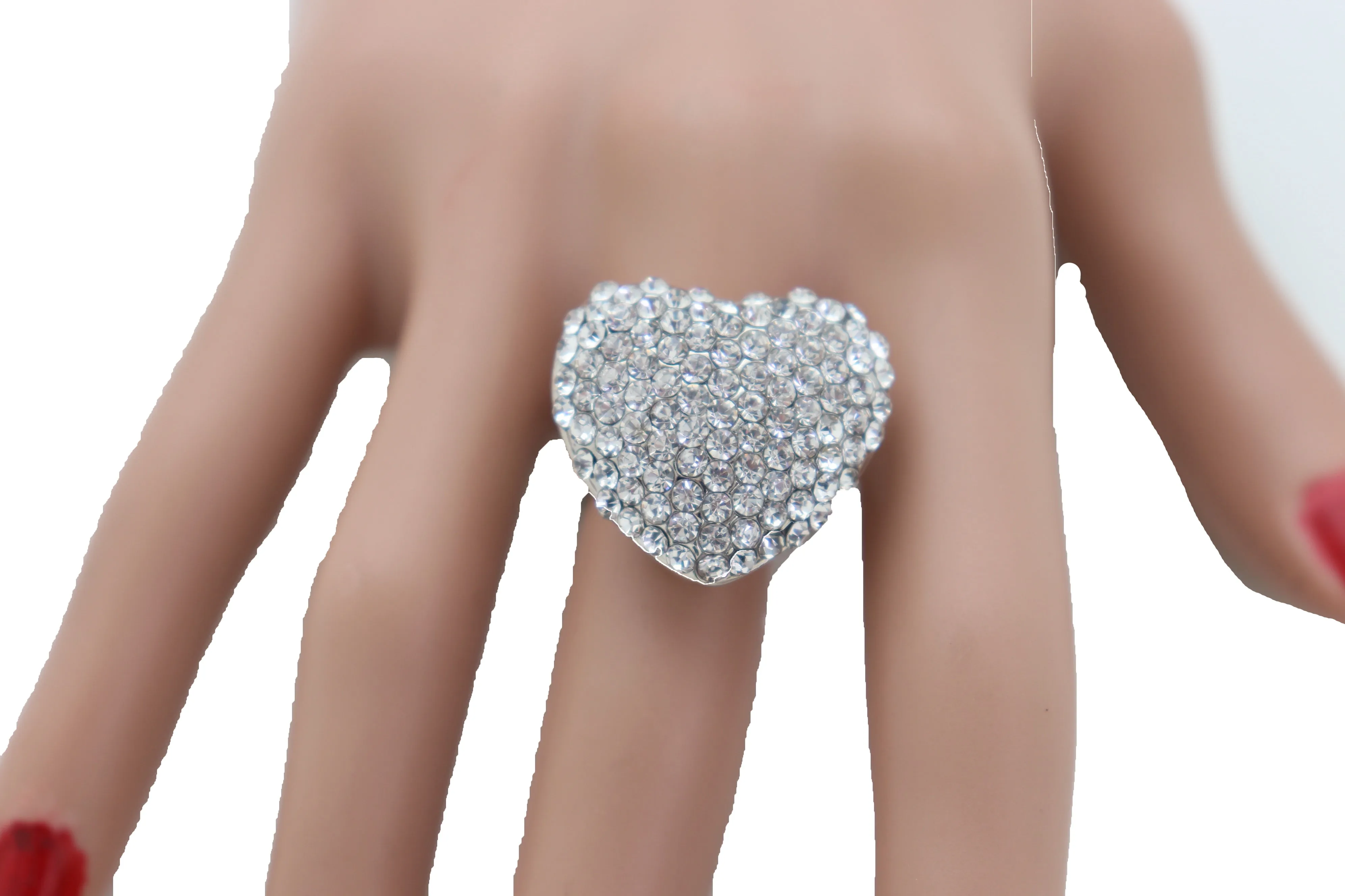 Silver Rhinestone Covered Heart Shaped Ring Size 7.5