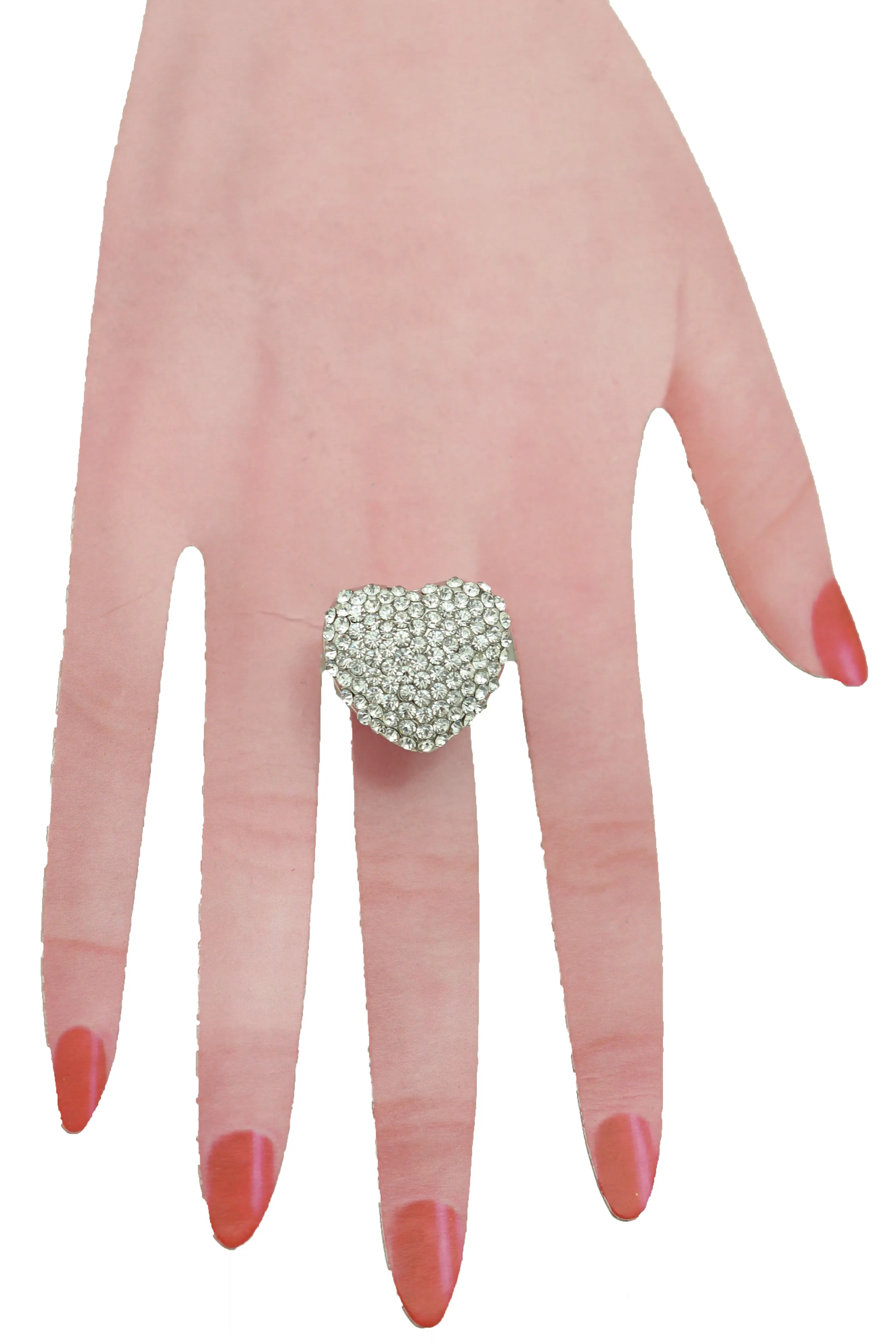 Silver Rhinestone Covered Heart Shaped Ring Size 7.5
