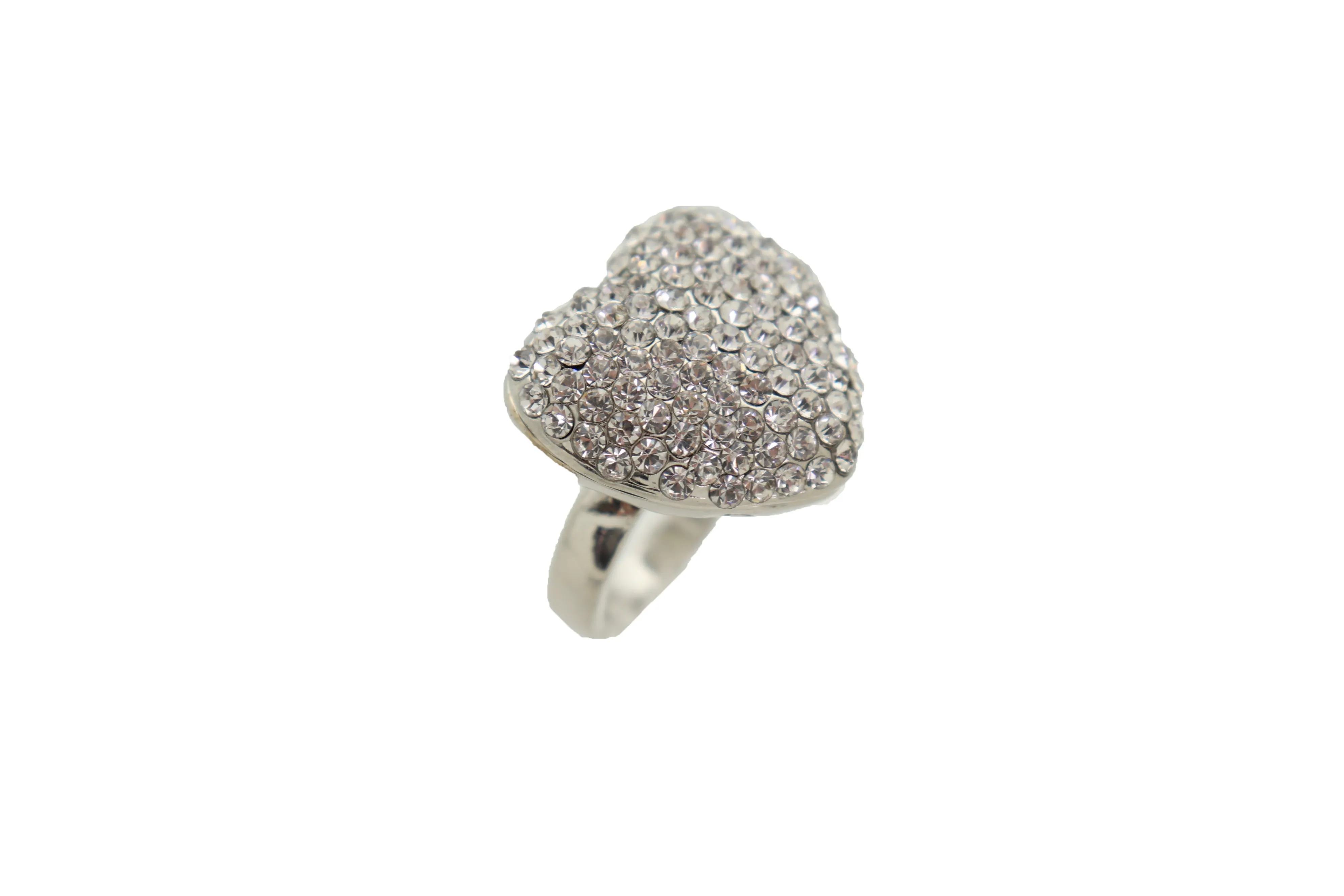 Silver Rhinestone Covered Heart Shaped Ring Size 7.5