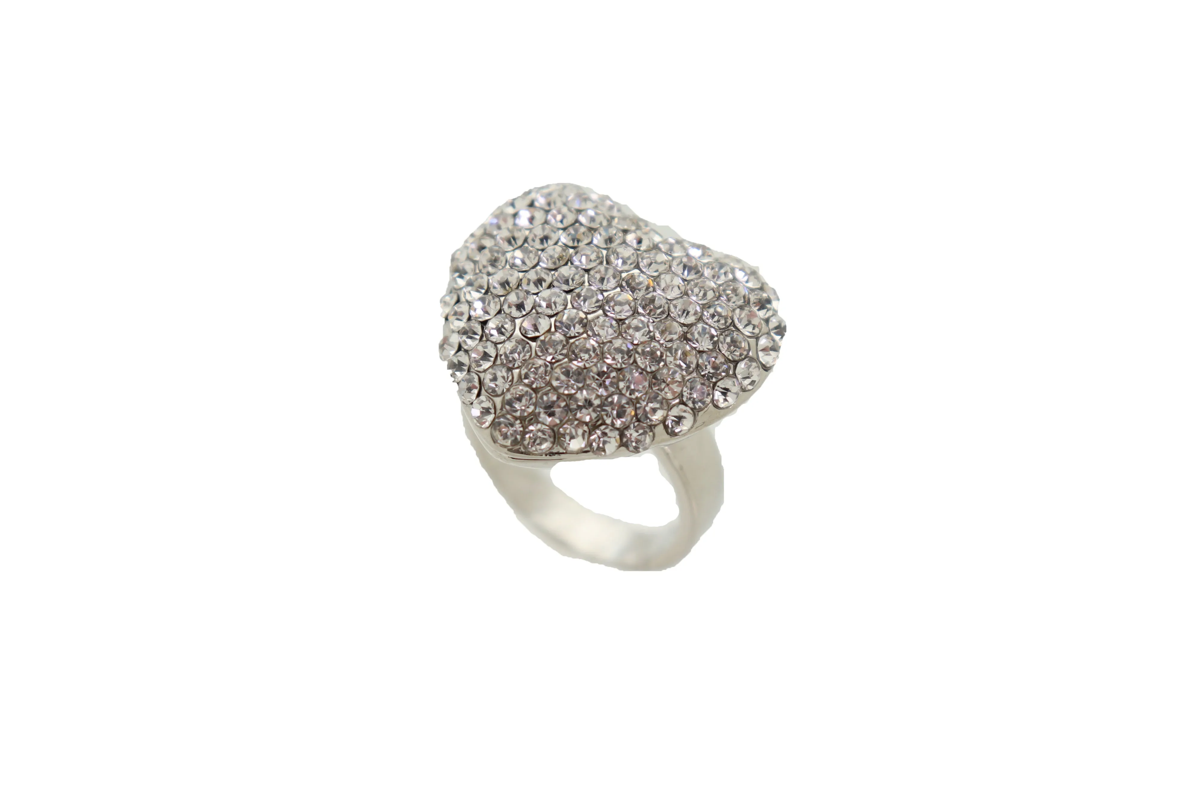 Silver Rhinestone Covered Heart Shaped Ring Size 7.5
