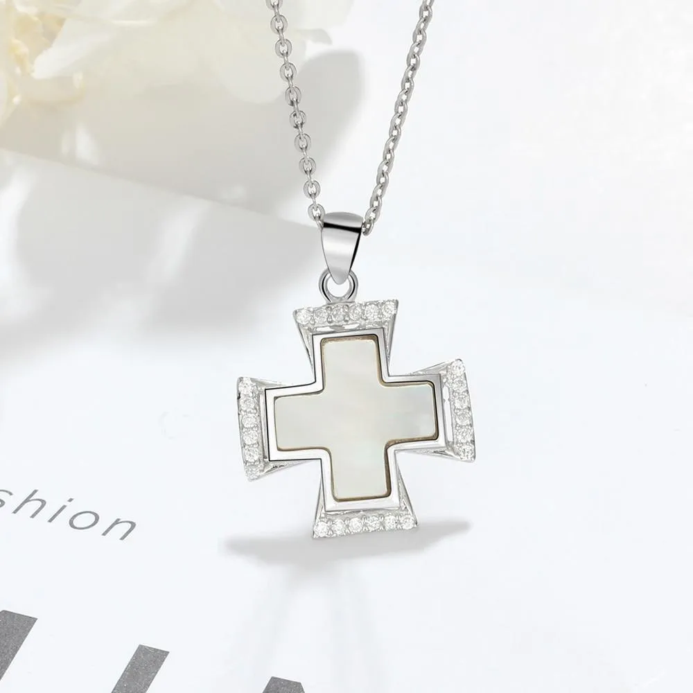 Silver Shell Necklace for Women with Cute Cross Pearl Oysters Pendant, Anniversary Gift Jewelry