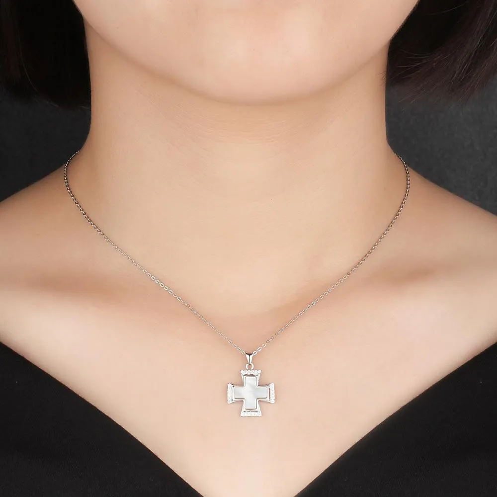 Silver Shell Necklace for Women with Cute Cross Pearl Oysters Pendant, Anniversary Gift Jewelry