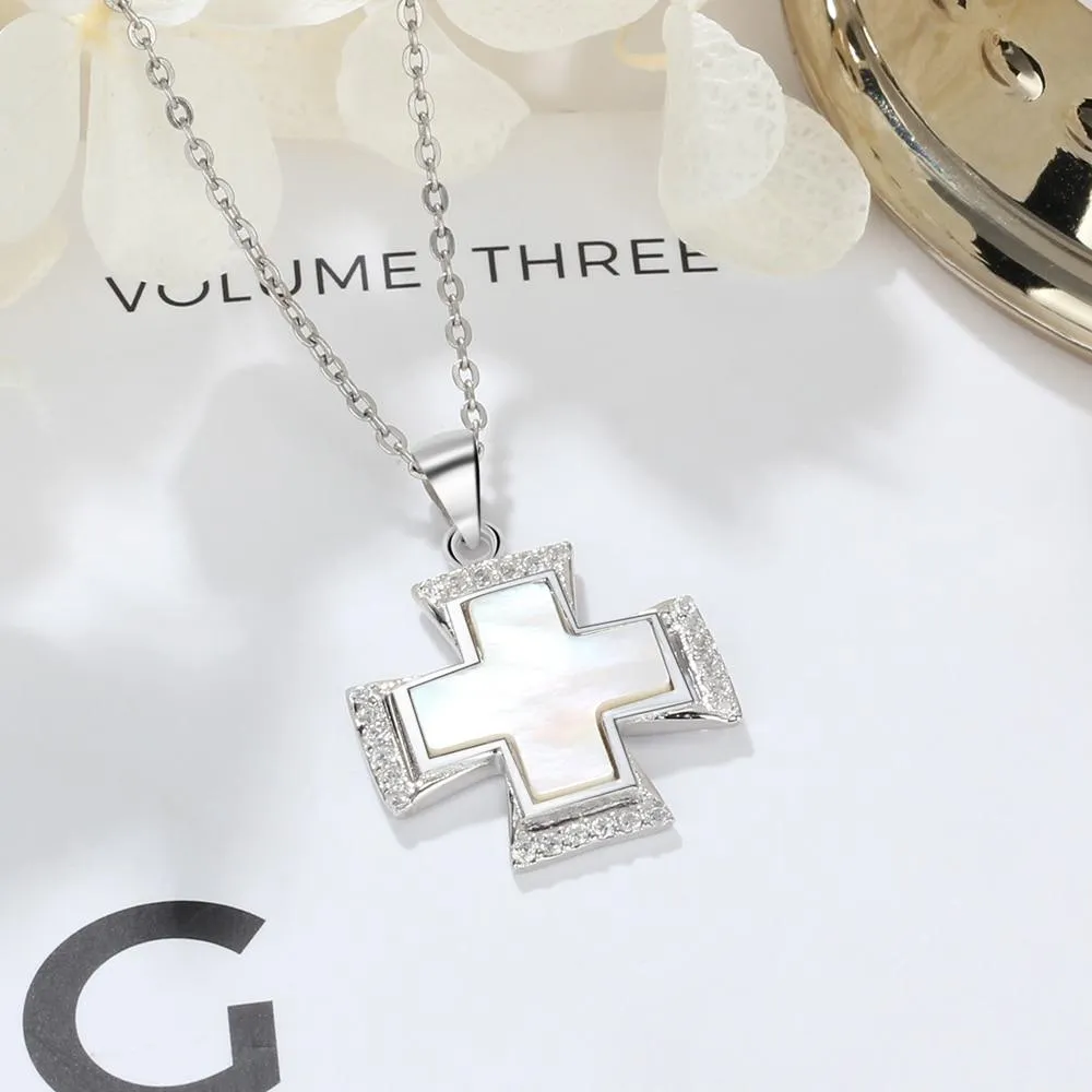 Silver Shell Necklace for Women with Cute Cross Pearl Oysters Pendant, Anniversary Gift Jewelry