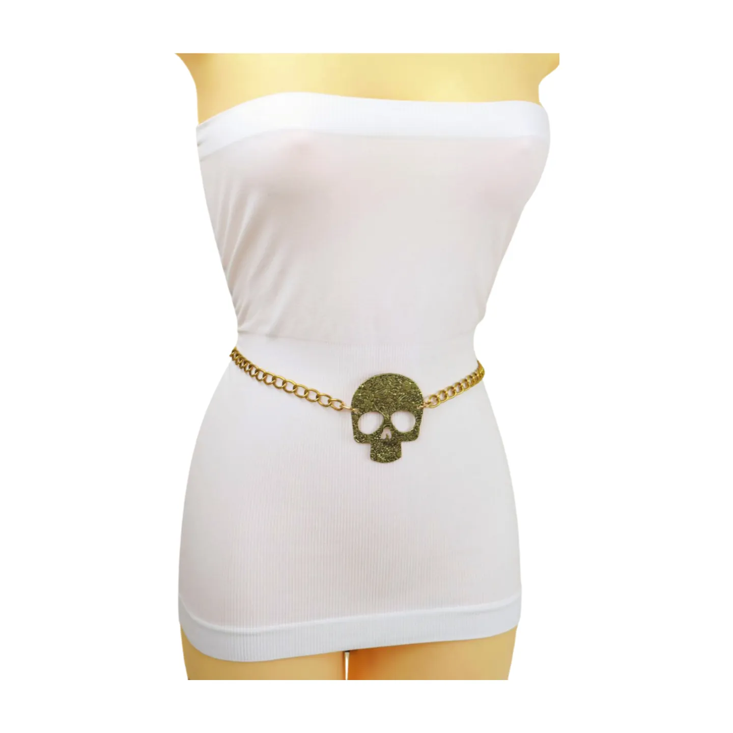 Skeleton Skull Charm Gold Metal Chain Belt