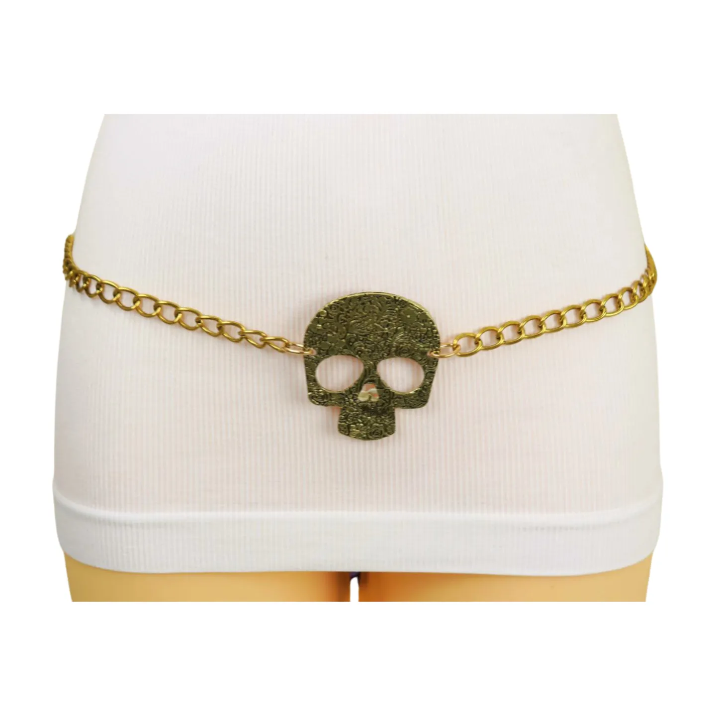 Skeleton Skull Charm Gold Metal Chain Belt