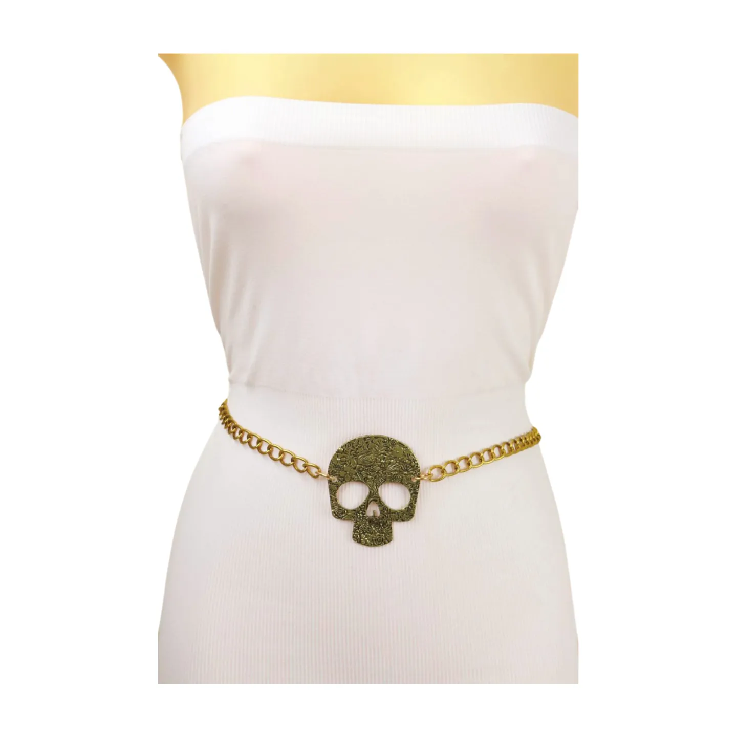 Skeleton Skull Charm Gold Metal Chain Belt
