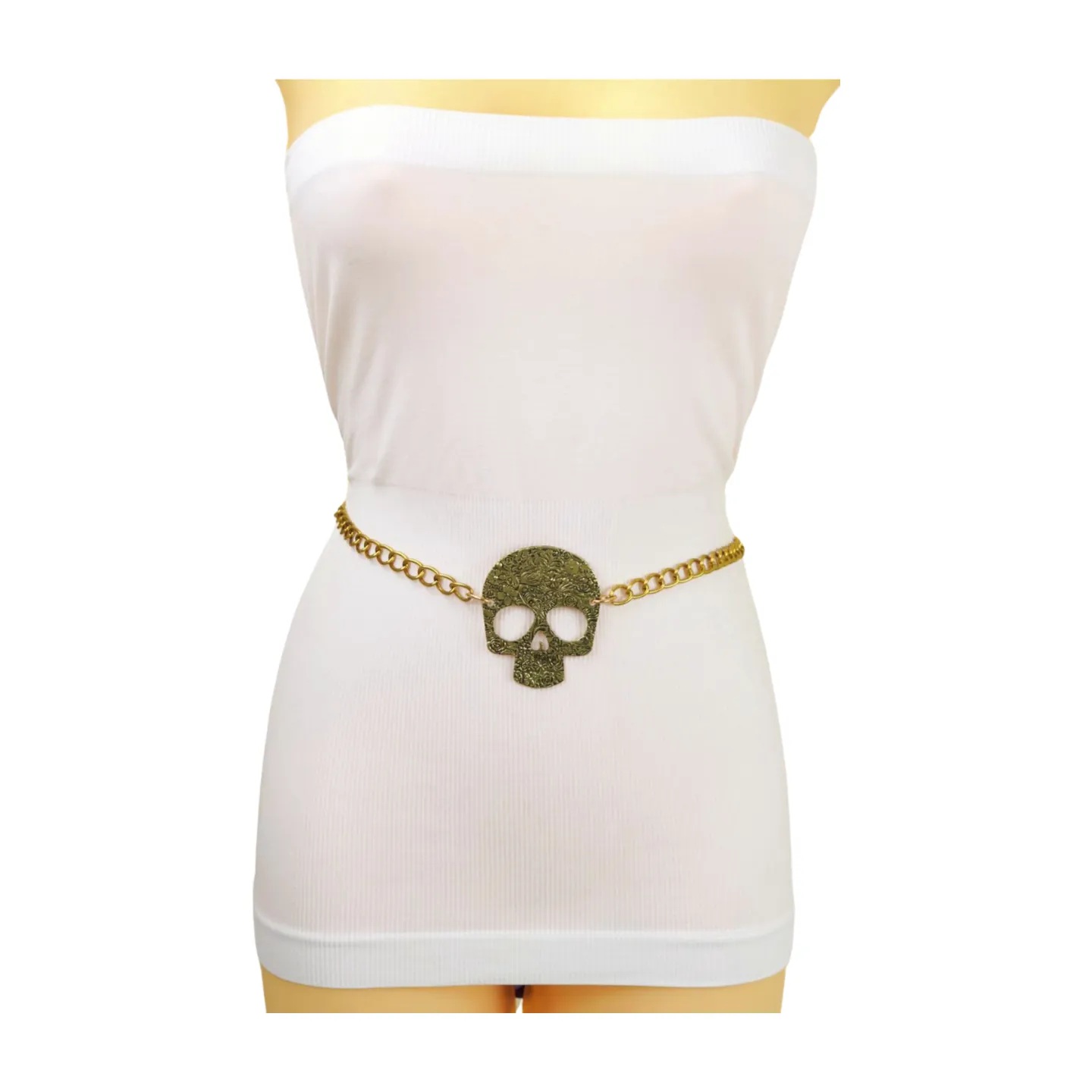 Skeleton Skull Charm Gold Metal Chain Belt