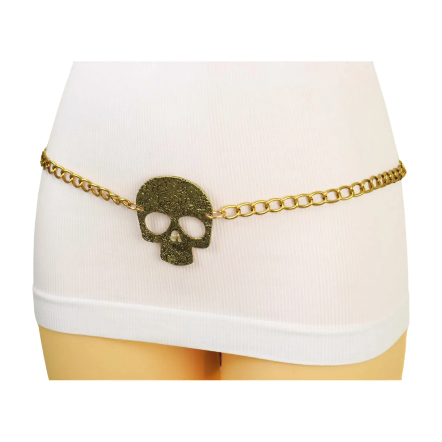 Skeleton Skull Charm Gold Metal Chain Belt