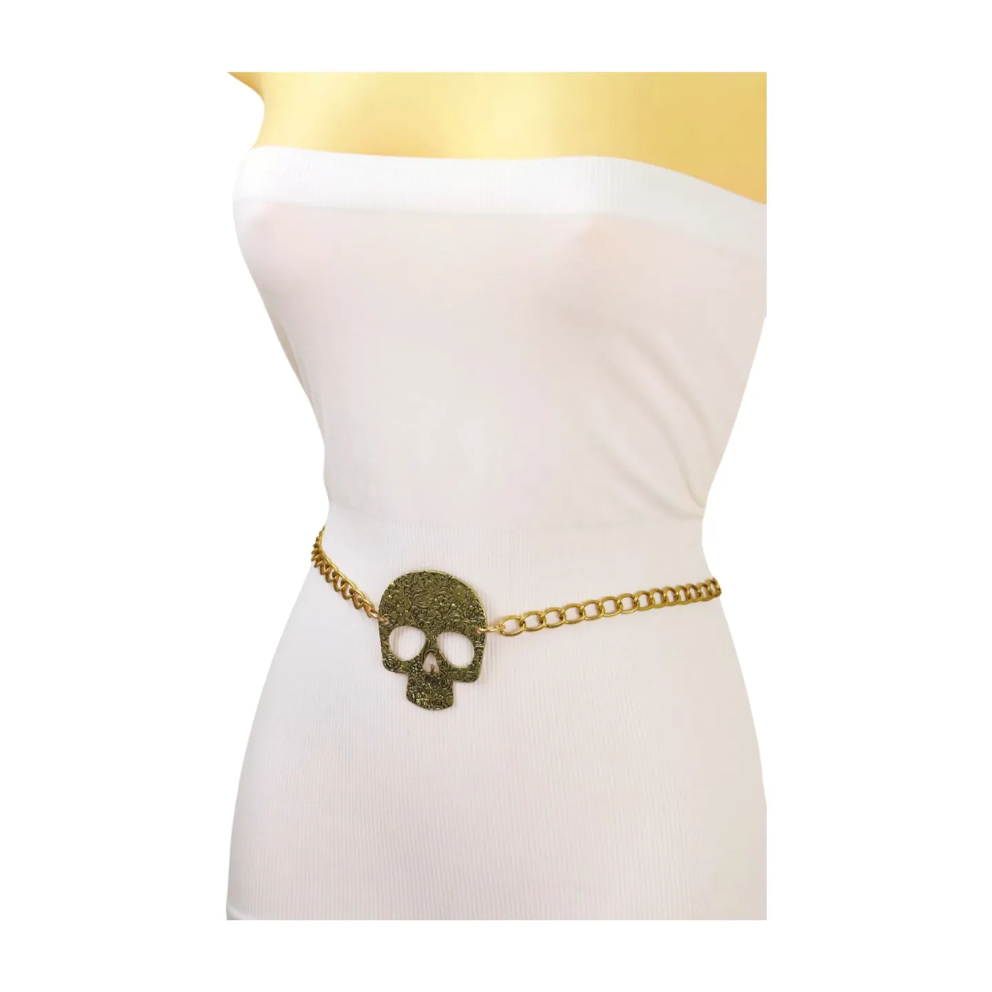 Skeleton Skull Charm Gold Metal Chain Belt