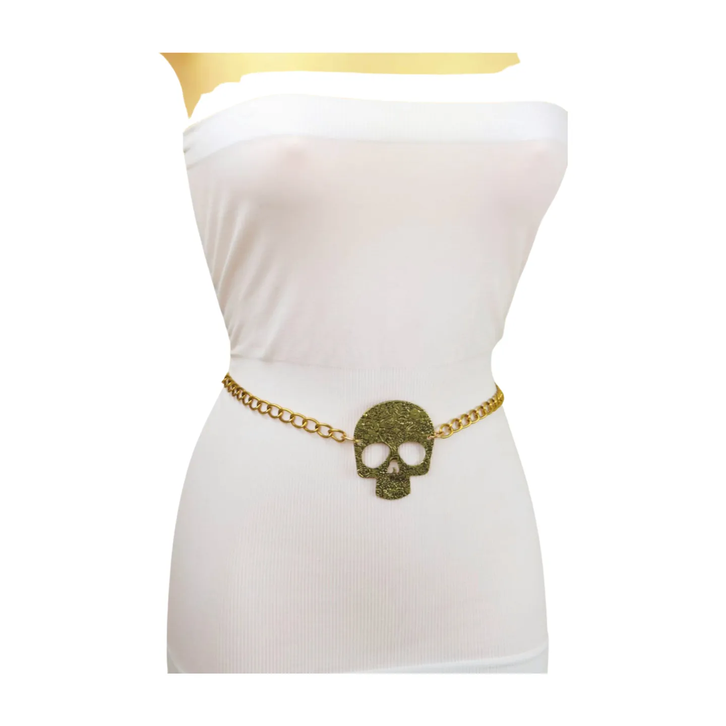 Skeleton Skull Charm Gold Metal Chain Belt