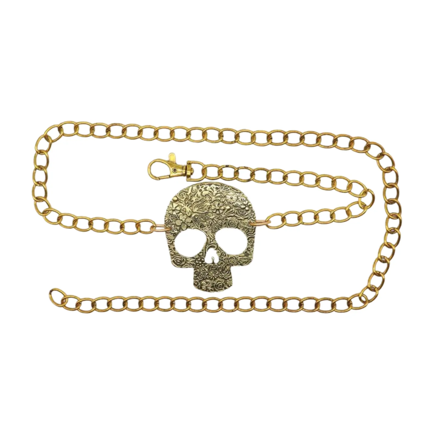 Skeleton Skull Charm Gold Metal Chain Belt