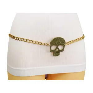 Skeleton Skull Charm Gold Metal Chain Belt