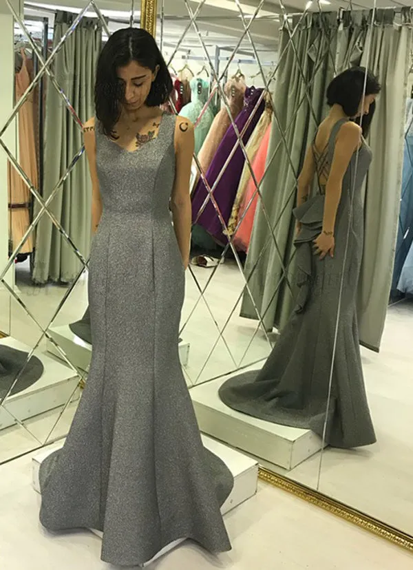 Stylish Mermaid Square Neck Criss Cross Straps Sparkly Satin Prom/Evening Dress