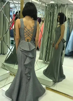 Stylish Mermaid Square Neck Criss Cross Straps Sparkly Satin Prom/Evening Dress