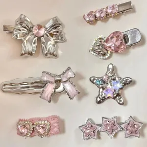 Sweet Crystal Inlaid Enamel Star Heart Bowknot Hair Clips Set