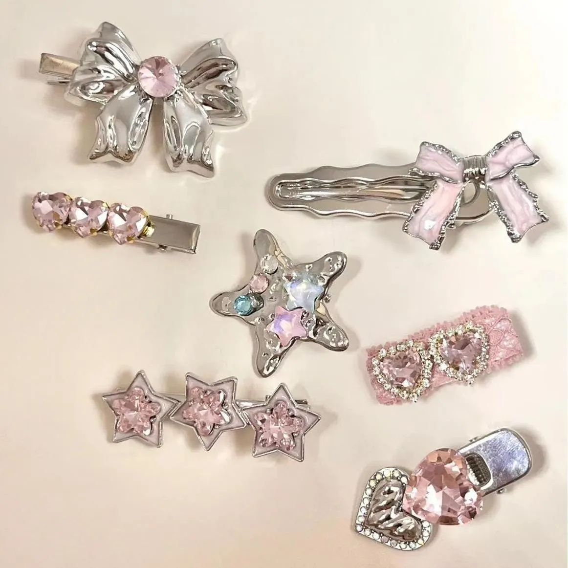Sweet Crystal Inlaid Enamel Star Heart Bowknot Hair Clips Set