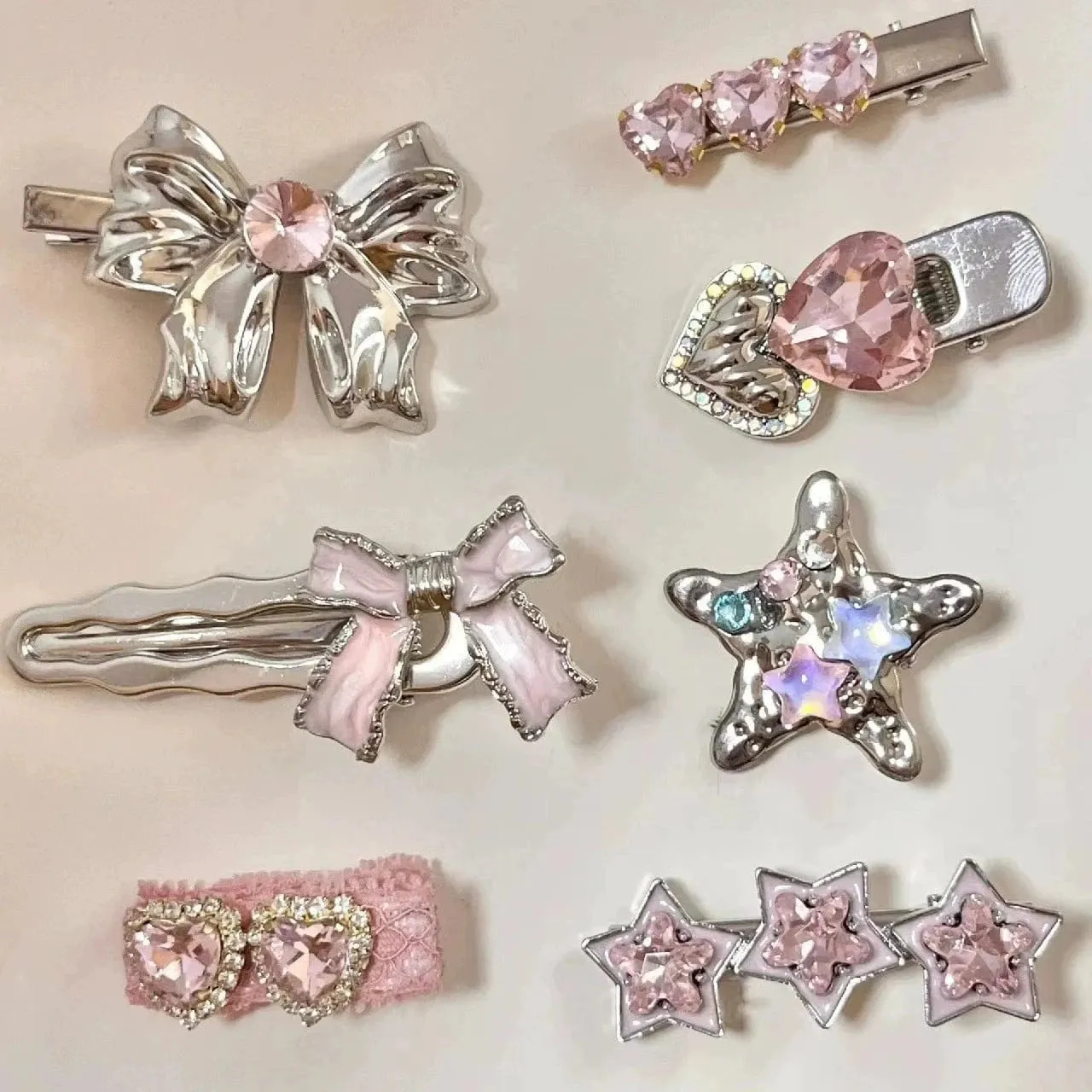 Sweet Crystal Inlaid Enamel Star Heart Bowknot Hair Clips Set