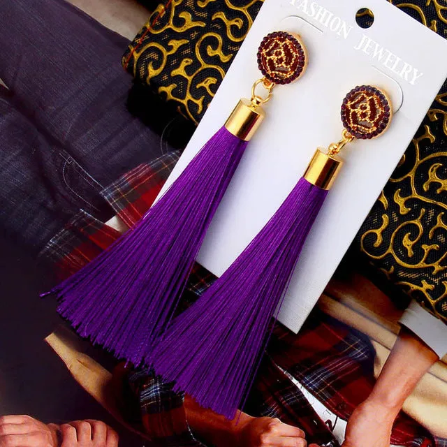 Tassel Earrings Boho Bohemian Long Exaggerated Rose Flower Dangling Earrings for Women Orecchini Lunghi Oorbellen Lang Kolczyki