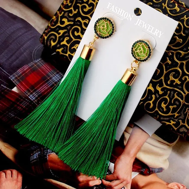 Tassel Earrings Boho Bohemian Long Exaggerated Rose Flower Dangling Earrings for Women Orecchini Lunghi Oorbellen Lang Kolczyki