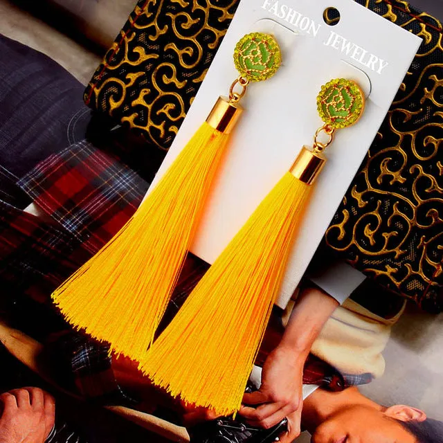 Tassel Earrings Boho Bohemian Long Exaggerated Rose Flower Dangling Earrings for Women Orecchini Lunghi Oorbellen Lang Kolczyki