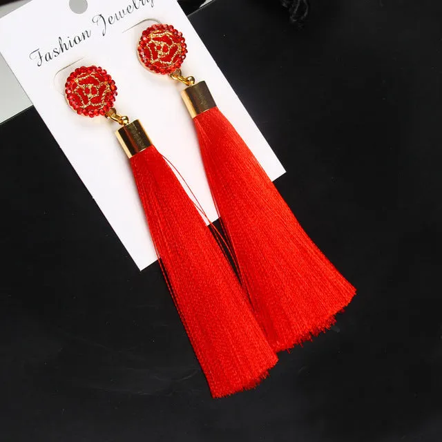 Tassel Earrings Boho Bohemian Long Exaggerated Rose Flower Dangling Earrings for Women Orecchini Lunghi Oorbellen Lang Kolczyki
