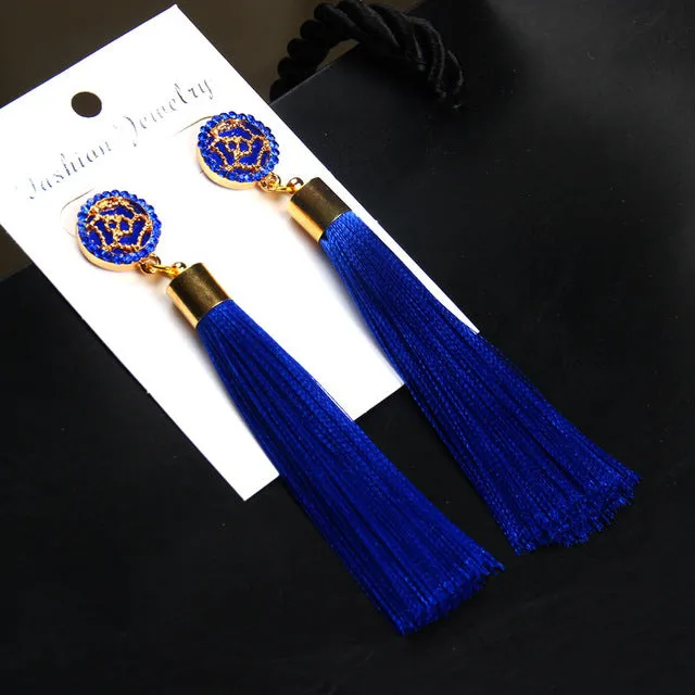 Tassel Earrings Boho Bohemian Long Exaggerated Rose Flower Dangling Earrings for Women Orecchini Lunghi Oorbellen Lang Kolczyki