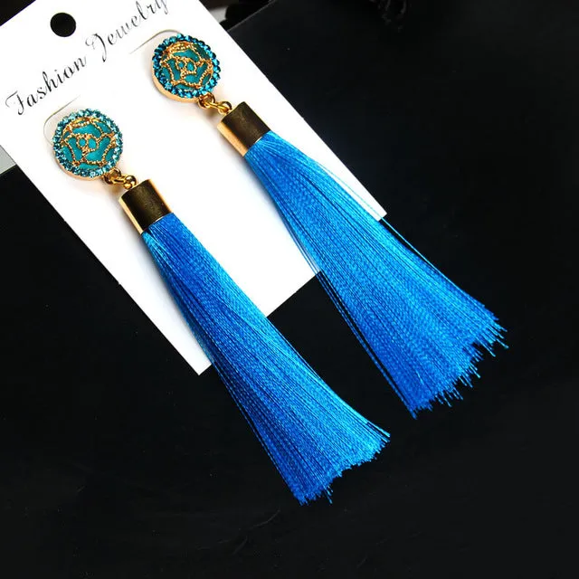 Tassel Earrings Boho Bohemian Long Exaggerated Rose Flower Dangling Earrings for Women Orecchini Lunghi Oorbellen Lang Kolczyki