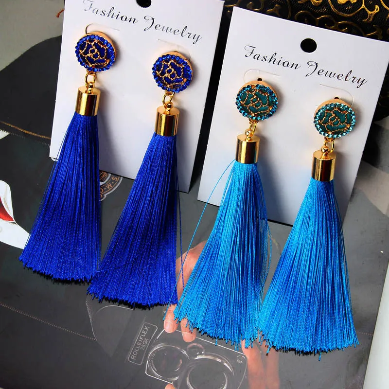 Tassel Earrings Boho Bohemian Long Exaggerated Rose Flower Dangling Earrings for Women Orecchini Lunghi Oorbellen Lang Kolczyki