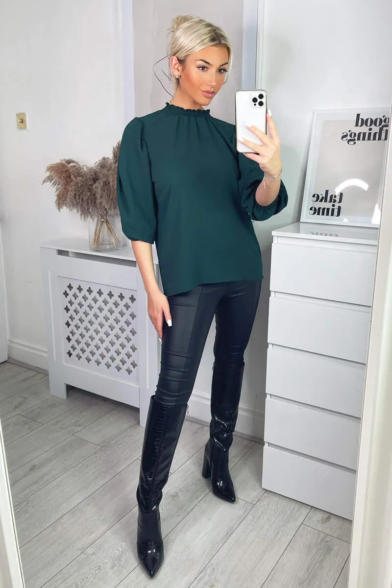 Teal Elasticated Neck Puff Sleeve Blouse