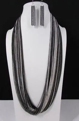 Thin Multi Chain Long Strands Necklace   Earrings
