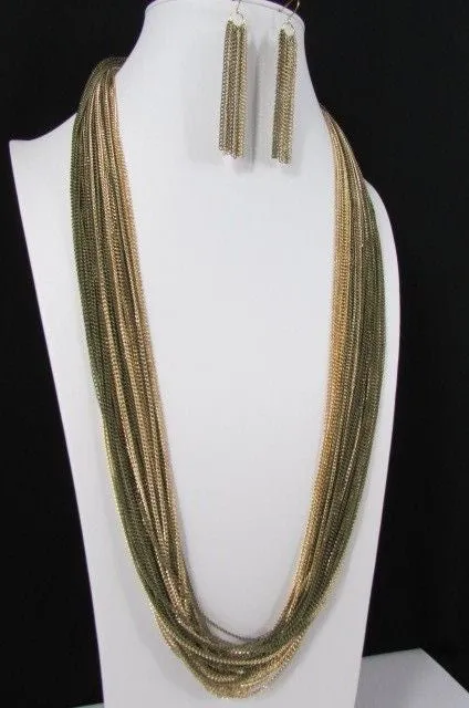 Thin Multi Chain Long Strands Necklace   Earrings