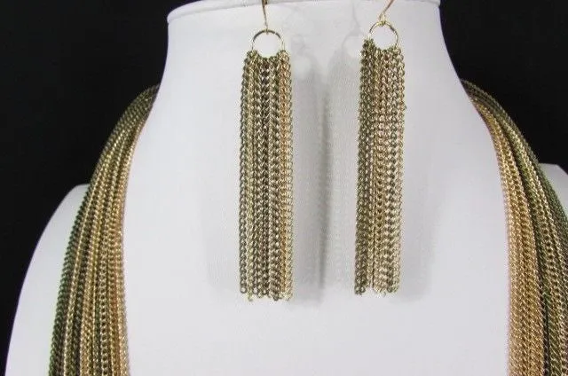 Thin Multi Chain Long Strands Necklace   Earrings