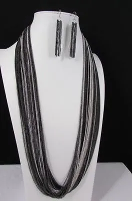 Thin Multi Chain Long Strands Necklace   Earrings