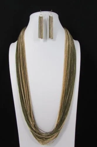 Thin Multi Chain Long Strands Necklace   Earrings