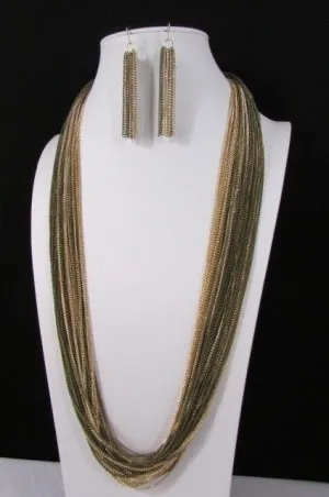 Thin Multi Chain Long Strands Necklace   Earrings
