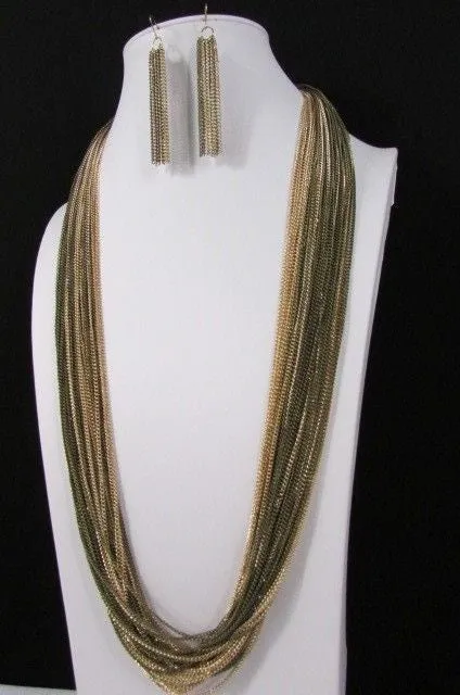 Thin Multi Chain Long Strands Necklace   Earrings